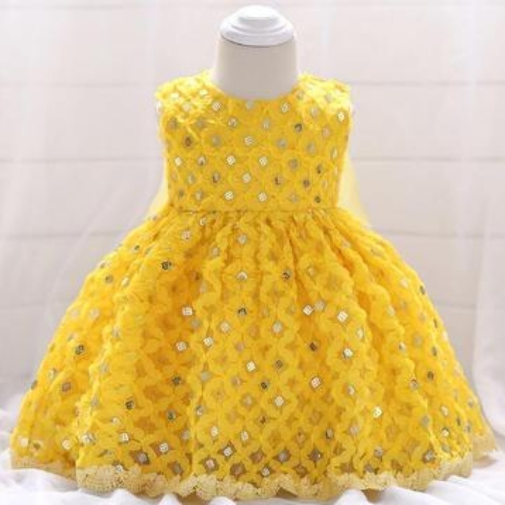 Curtsy&Bows Lined Crinoline w/ Faux Sequines Yellow Laced Dress, Size 18m,NWT